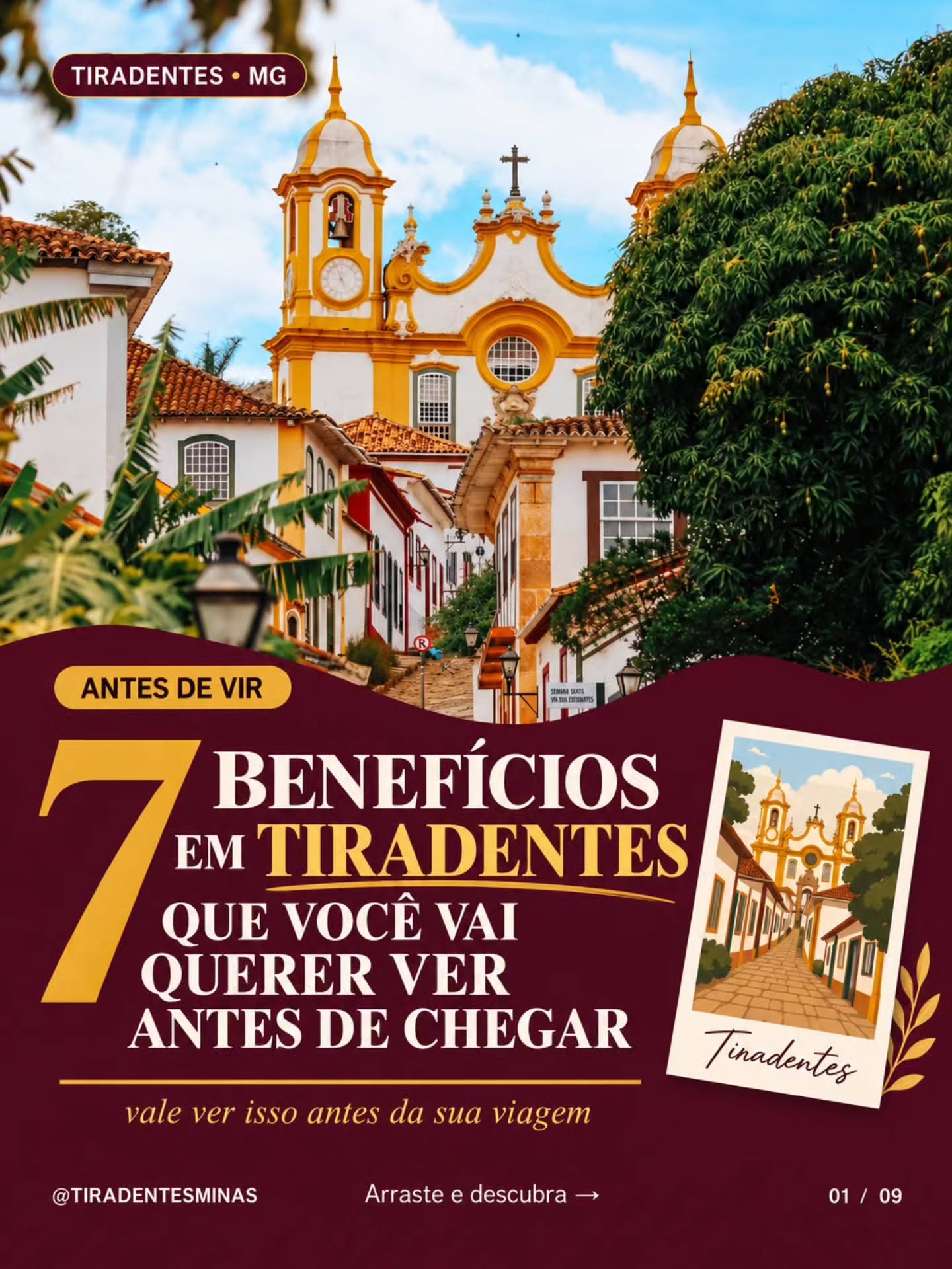 Capa com a Matriz de Santo Antônio e o título 7 benefícios em Tiradentes