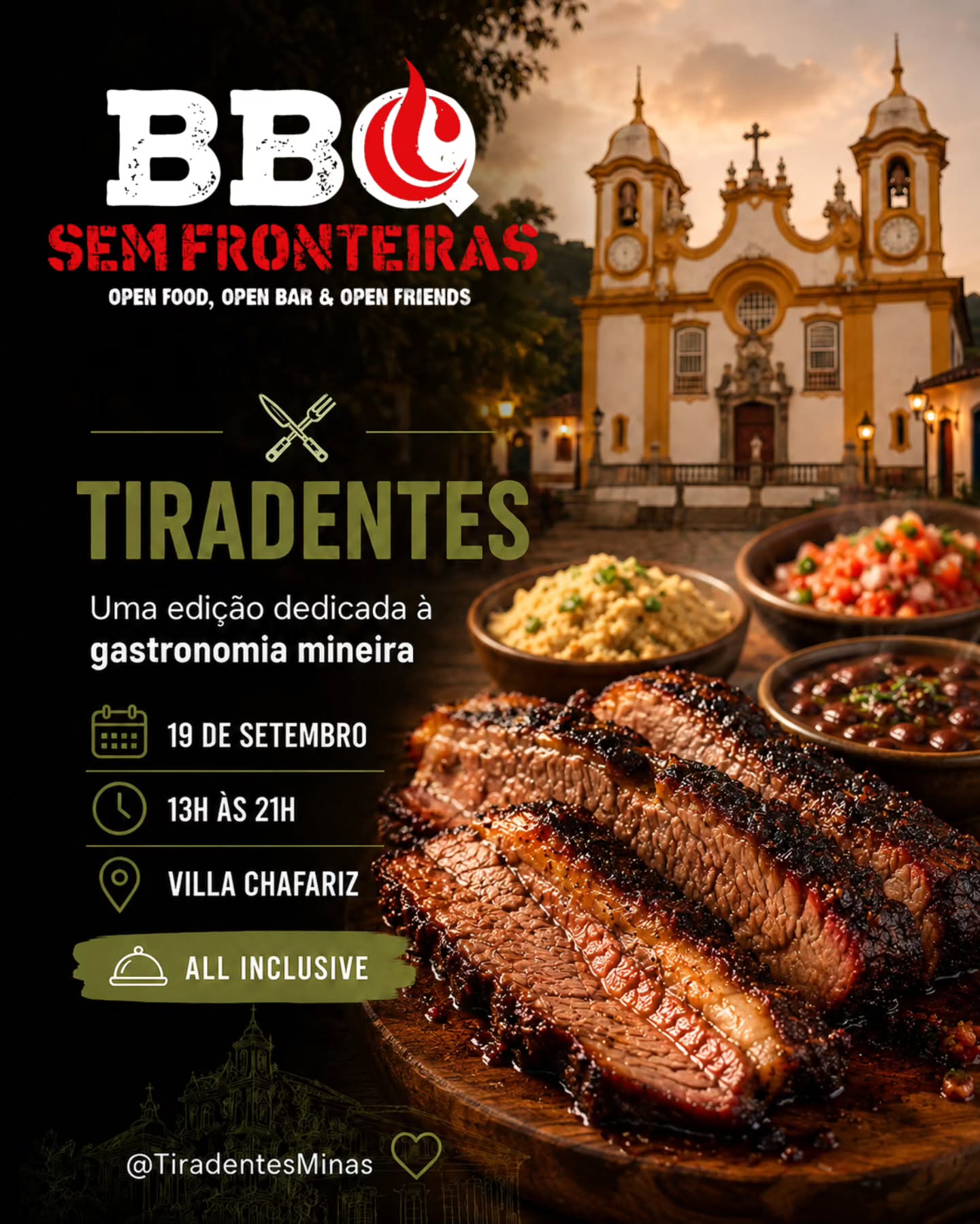 Cartaz do BBQ Sem Fronteiras em Tiradentes com carnes na brasa e a Igreja Matriz de Santo Antônio
