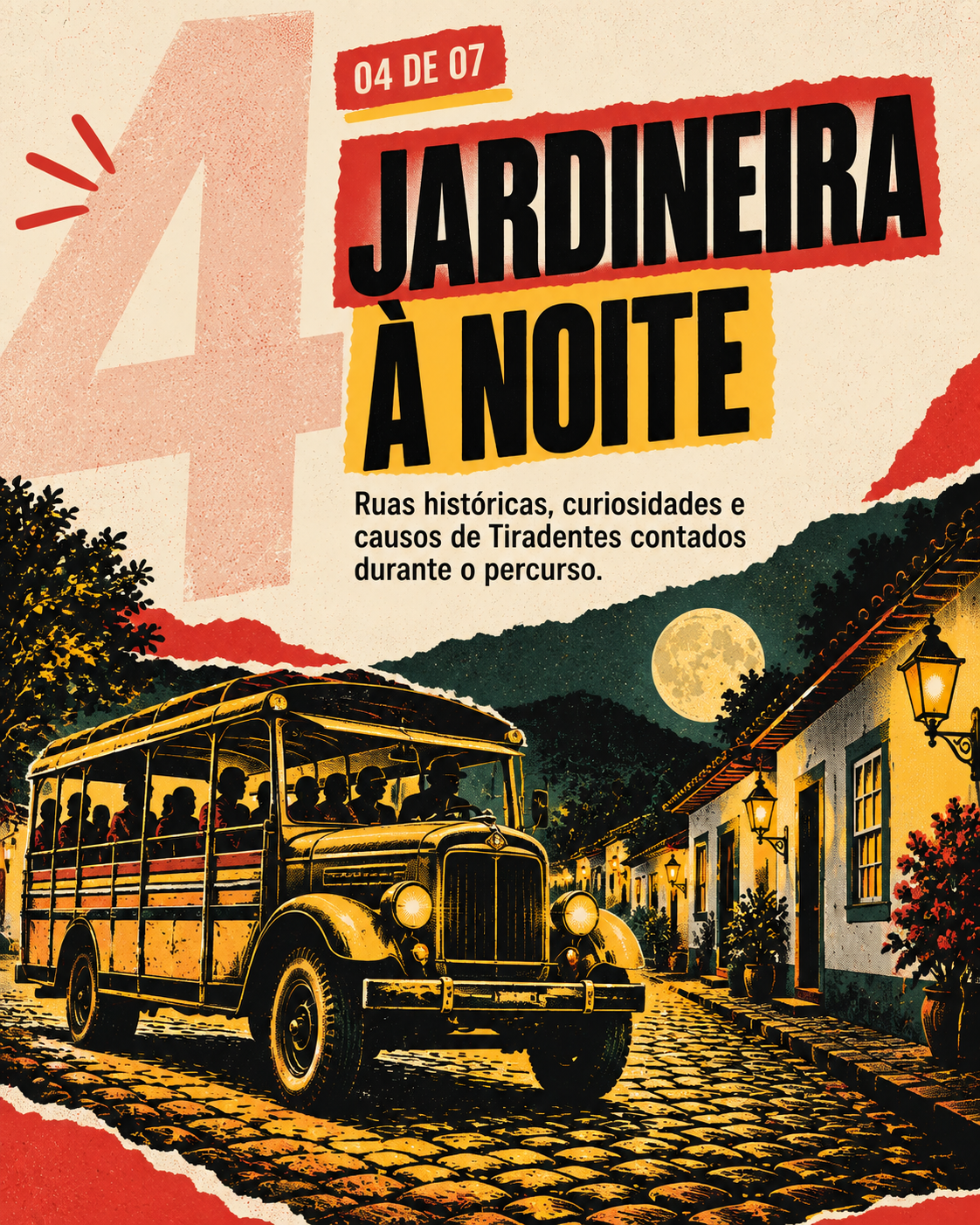 Passeio de Jardineira à noite pelas ruas históricas de Tiradentes
