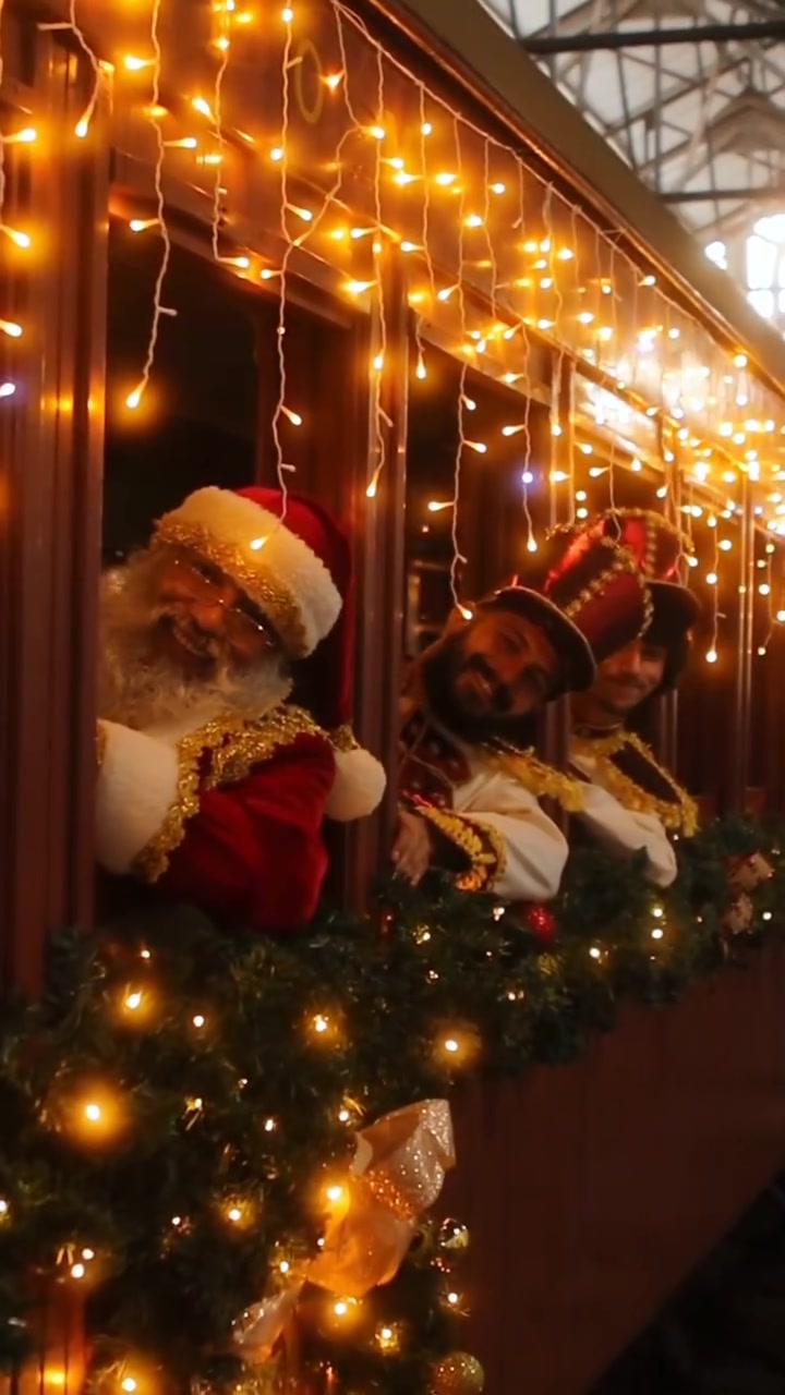 Papai Noel a bordo da Maria Fumaça iluminada do Natal nos Trilhos