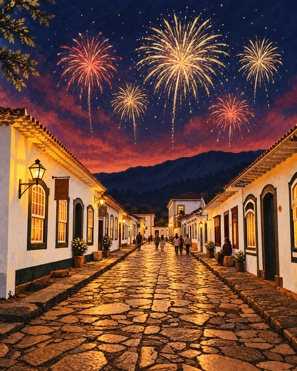Ilustração do Centro Histórico de Tiradentes iluminado por fogos de artifício no Réveillon